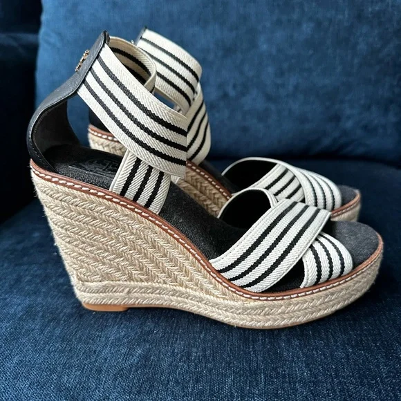 Tory Burch Black and White Wedge Espadrille Shoes - Picture 4 of 10